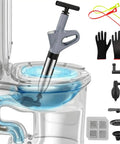 Real Deal Heavy Duty Air Plunger And Drain Cleaning Kit with gloves and flexible snakes in action unclogging a toilet.