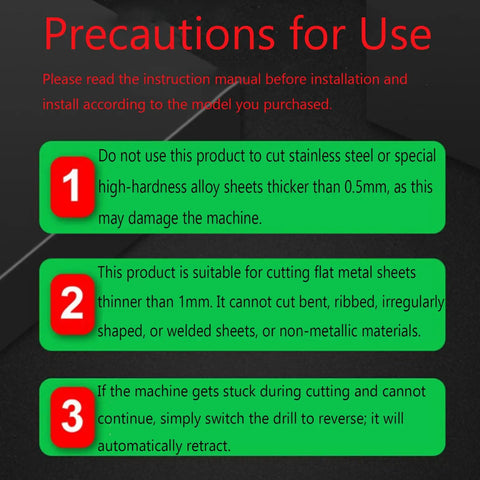 Precautions for Use manual highlighting safe cutting guidelines for Titanium Drill Nibbler Sheet Metal Cutter Tool.