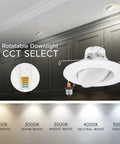 Big Time Brightness Rotatable Led Retrofit Downlight Gimbal with 5 CCT options displayed against a kitchen ceiling.