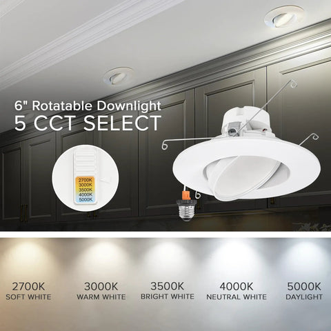 Big Time Brightness Rotatable Led Retrofit Downlight Gimbal with 5 CCT options displayed against a kitchen ceiling.