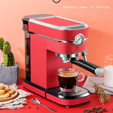 Heavy Hitter 1.1L Semi Automatic Espresso Coffee Maker With 850W Motor And 15 Bar Pressure, bold red finish, brewing coffee.