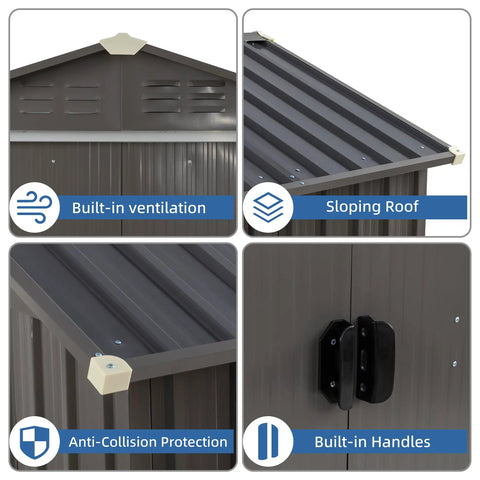 5x3 Ft Metal Outdoor Garden Storage Shed Waterproof Weather Resistant Steel Tool Storage House With Window And Lockable Double Doors For Patio And Lawn Must Have Backyard Storage And Easy Access with ventilation, sloping roof, anti-collision corners, and handles.