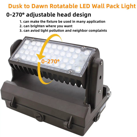 Beefy 80W Rotatable LED Wall Pack Light with 5000K cool white, 270-degree head shown in adjustable position, for outdoor areas