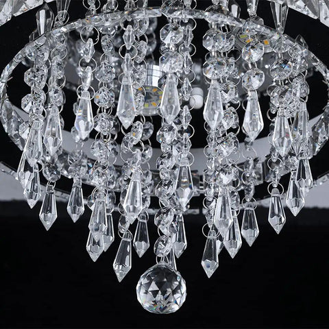 Close-up of Crystal Chandelier With K9 Crystals And Stainless Steel Pendant Light, 3 LED Lights, Flush Mount Ceiling Fixture