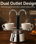 Heavy Duty Stainless Steel Moka Pot For Two With Dual Spout Stovetop Espresso Maker brewing two cups of espresso.