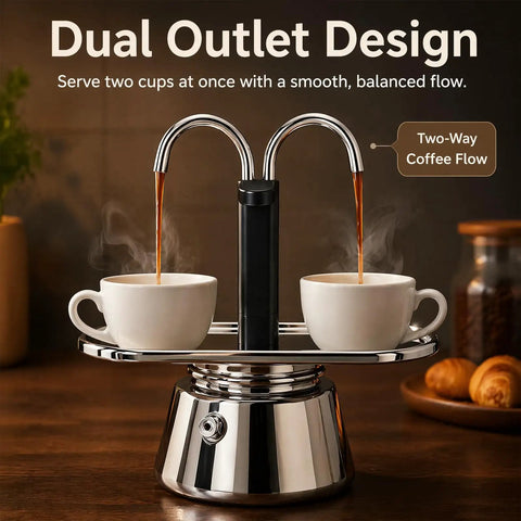 Heavy Duty Stainless Steel Moka Pot For Two With Dual Spout Stovetop Espresso Maker brewing two cups of espresso.
