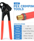 All-In-One PEX Crimp Tool Kit For One Half And Three Quarter Inch Copper Crimp Rings, Includes Cutter, Copper Ring Removal Tool, Decrimp Function, Durable Carry Case, Pro Grade Gear For Fast, Reliable PEX Installations, Meets ASTM F1807, showing 1/2 inch crimping tool with red handles and brass fitting.
