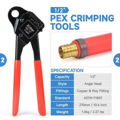 All-In-One PEX Crimp Tool Kit For One Half And Three Quarter Inch Copper Crimp Rings, Includes Cutter, Copper Ring Removal Tool, Decrimp Function, Durable Carry Case, Pro Grade Gear For Fast, Reliable PEX Installations, Meets ASTM F1807, showing 1/2 inch crimping tool with red handles and brass fitting.