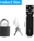 Rock Solid Five Inch Black Stainless Steel Padlock Hasp Door Latch Lock Built Different With Sleek Polish dimensions and keys displayed.