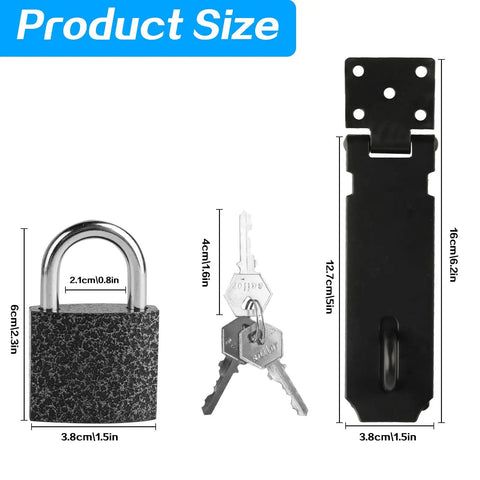 Rock Solid Five Inch Black Stainless Steel Padlock Hasp Door Latch Lock Built Different With Sleek Polish dimensions and keys displayed.