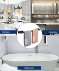 Kitchen and bathroom settings with Stick On Stainless Steel Towel Bar 24 Inch Matte Black No Drill Wall Shelf Rack Hang On Towel Holder.