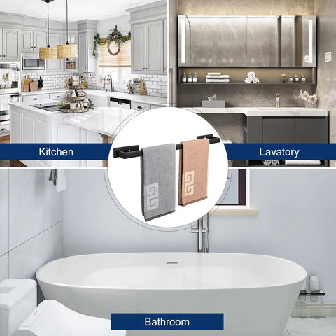 Kitchen and bathroom settings with Stick On Stainless Steel Towel Bar 24 Inch Matte Black No Drill Wall Shelf Rack Hang On Towel Holder.