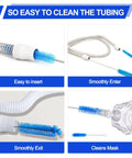 All In One CPAP Cleaning Kit with Cleaner and Hose Brush demonstrating easy cleaning of CPAP tubing and mask without scratching.