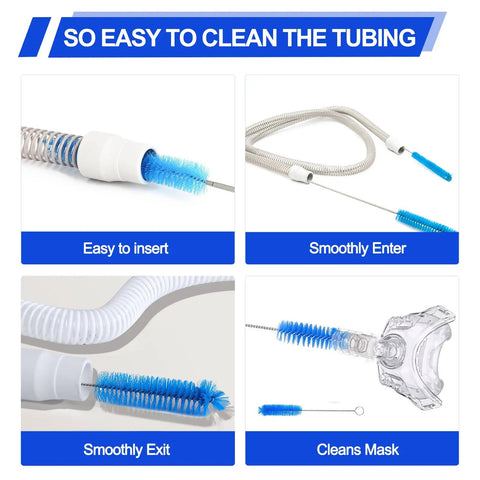 All In One CPAP Cleaning Kit with Cleaner and Hose Brush demonstrating easy cleaning of CPAP tubing and mask without scratching.