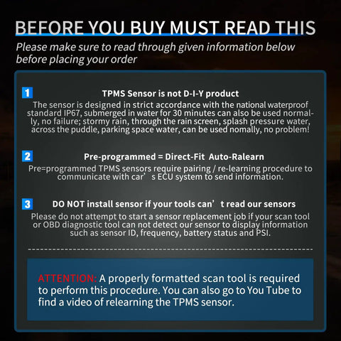 Top Shelf TPMS Tire Pressure Monitoring Sensors For Smooth Rolling Toyota 4Runner FJ Cruiser And Lexus CT ES GS GX IS LX Scion Models 2003 To 2017 installation instructions and warnings.