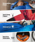 All Season Sleeping Bag For Adults And Kids, Lightweight And Cozy Waterproof Gear For Backpacking Camping And Hiking, Temperature Rated 50F To 77F, Fits 6ft Adults, Single Or Double Comfort, Must Have Outdoor Sleep Gear showing features like drawstring hood, anti-snag zipper, waterproof material, and machine washable.