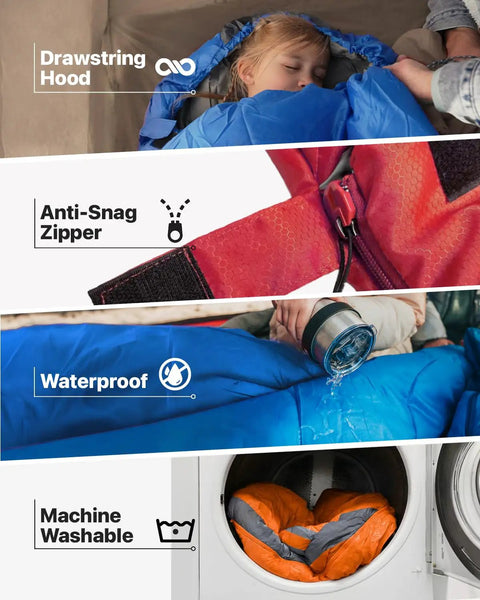 All Season Sleeping Bag For Adults And Kids, Lightweight And Cozy Waterproof Gear For Backpacking Camping And Hiking, Temperature Rated 50F To 77F, Fits 6ft Adults, Single Or Double Comfort, Must Have Outdoor Sleep Gear showing features like drawstring hood, anti-snag zipper, waterproof material, and machine washable.