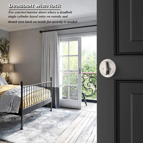 Two Keyed Alike Single Cylinder Deadbolts Door Locks In Satin Nickel 2 Pack With Exterior Keyed Entry And Interior Thumb Turn For Easy No Fuss Home Security On Exterior Doors installed on a bedroom door