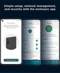 Q14 Tri Band Mesh WiFi 6E System with MotoSync app for setup and security, showing device scan and network management on smartphone.