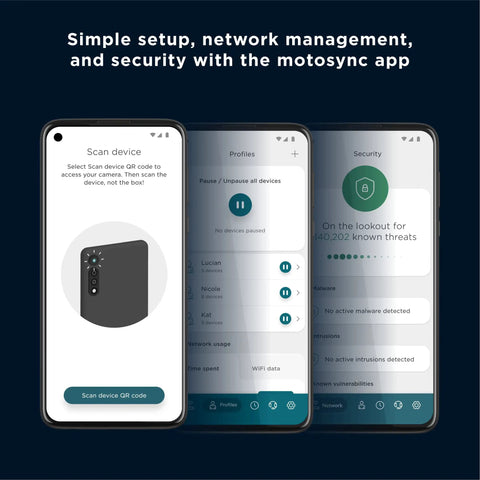 Q14 Tri Band Mesh WiFi 6E System with MotoSync app for setup and security, showing device scan and network management on smartphone.