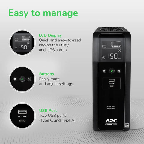 Front view of Back-UPS Pro Sinewave UPS 1500VA 900W Battery Backup And Surge Protector with LCD, USB-C ports, and control buttons.