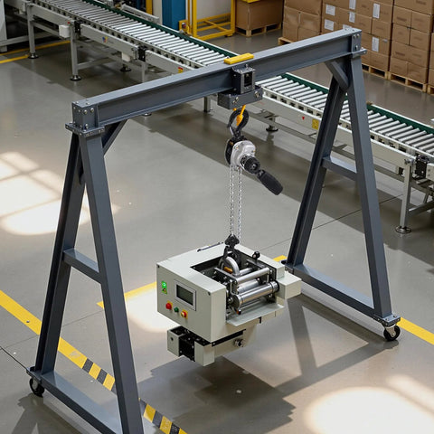 Front view of manual lever chain hoist mounted on gray steel A-frame gantry with 360° rotating hook in warehouse