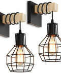 Dope Industrial Rustic Wall Sconces Set Of 2 With Hex Cage Shade, Wood Arm And Black Metal Mount Lamps with Edison bulbs