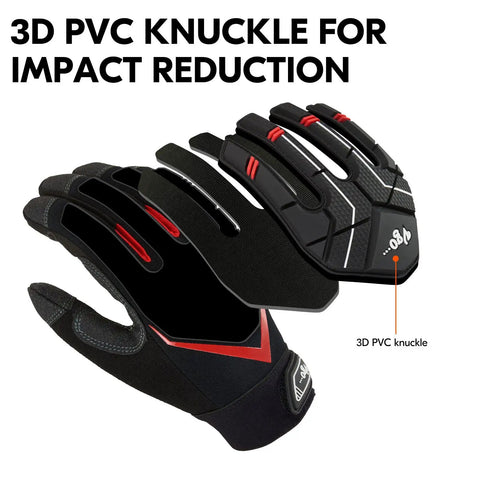 1 Pair Heavy Duty Mechanic Work Gloves With Synthetic Leather Palm And Beefy PVC Nitrile Neoprene Reinforcements For Wear Resistance And Vibration Reduction Touchscreen Compatible Black Red Size Large All Purpose Power Tool And Construction Grip 3D PVC knuckle