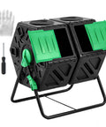 Dual Chamber 37 Gallon Compost Bin With 360 Degree Rotating Tumbler For Outdoors, gardening gloves and screwdriver included