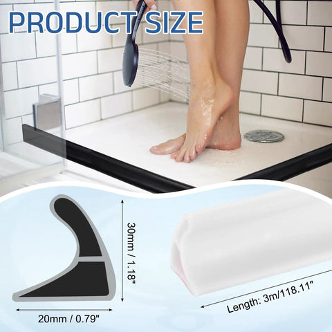 Flexible Shower Water Barrier Edge Guard 118 Inch TPE Splash Stopper installed in shower preventing water overflow.