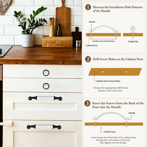 Slick Farmhouse Cabinet Knobs And Pulls Set 12 Piece Hardware Kit featuring installation steps on a kitchen cabinet.
