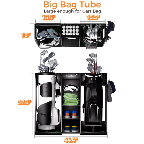Wooden Golf Storage Organizer For Garage With Premium Bag Holder Rack displaying dimensions and storage layout for two bags and gear.