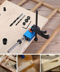 14-piece Pocket Hole Jig Set for woodworking with drill bits and guides displayed on a wooden surface, focus on joinery kit.