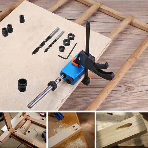 14-piece Pocket Hole Jig Set for woodworking with drill bits and guides displayed on a wooden surface, focus on joinery kit.