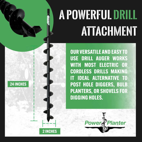 Termite And Tree Auger 2 By 24 Inch With Three Eighths Inch Non Slip Hex Drive displayed with dimensions and usage details
