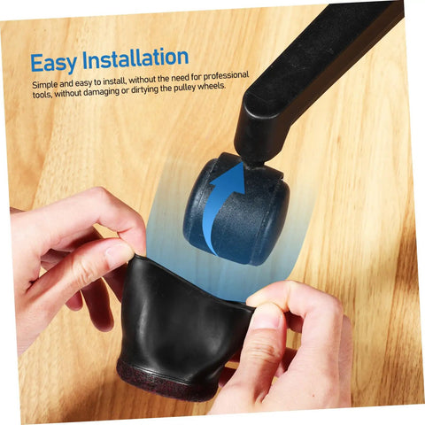 Person installing Ten Pack Caster Cups For Rolling Furniture Nonslip Floor Protectors TPE Wheel Stoppers on wooden floor.