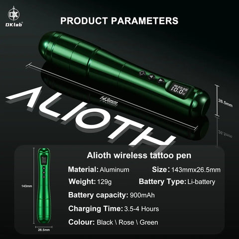 Emerald Wireless Permanent Makeup Tattoo Pen Kit With size and specs displayed, aluminum material, slim design