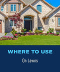 Image of a landscaped lawn in front of a stone house with text 'Where to Use: On Lawns' for 24 Hour Grub Killer Plus Granules product.
