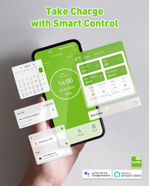 WiFi Garden Hose Timer With Brass Inlet Dual Zone Smart Sprinkler Controller smartphone app interface displaying schedule