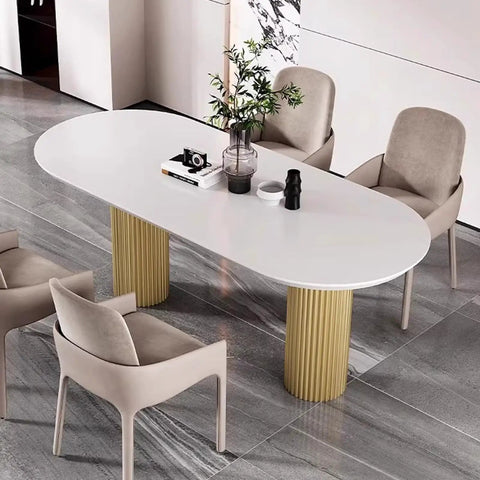 Oval table with beige chairs, featuring adjustable white marble wood desk legs for modern center tables and beds.