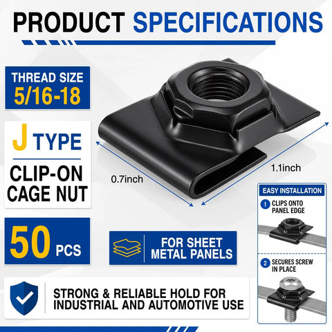 Top Shelf J Type Cage Nuts 5 16 Inch Thread Bulk Pack Supplies, 50 piece clip-on for metal panels, easy installation.