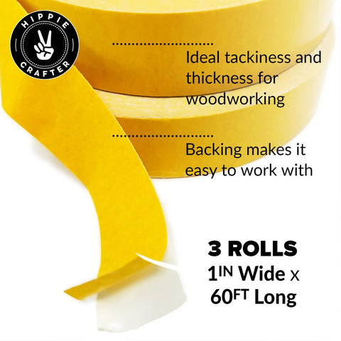 Heavy Duty Double Sided Woodworking Tape 1 Inch Wide 60 Feet Per Roll 180 Feet Total Silicone Based Adhesive detail view