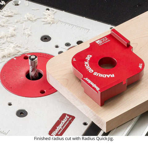Shop Tested Street Smart Radius And Chamfer Quick Jig Deluxe Set Featuring 18 Router Table Templates For Flawless Rounds And Bevels showing a finished radius cut.