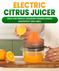 Primtronic Electric Citrus Juicer With Large 24 Oz Capacity And Seed Filter Auto Reverse Function Compact Design For Oranges Lemons Limes BPA Free Black Orange, fresh juice being squeezed.