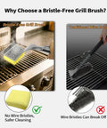Bristle Free BBQ Cleaner on grill; showcasing Replaceable Grill Brush Head Bristle Free BBQ Cleaner Rock Solid Scraping Blade for cleaning grates.