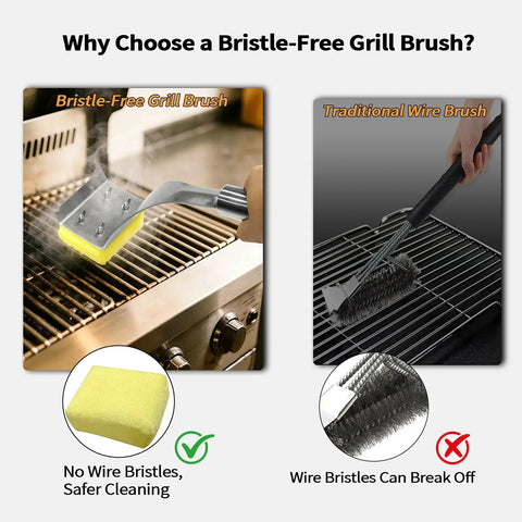 Bristle Free BBQ Cleaner on grill; showcasing Replaceable Grill Brush Head Bristle Free BBQ Cleaner Rock Solid Scraping Blade for cleaning grates.