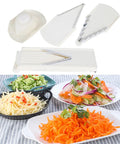 V Shaped Grater For Vegetables And Fruits Large Sturdy Frame With Stainless Steel Blades Multifunction Kitchen Tool For Grating And Slicing Safe Non Slip Base Easy Drawer Storage Game Changing Everyday Kitchen Must Have displayed with grated vegetables and fruits in bowls.