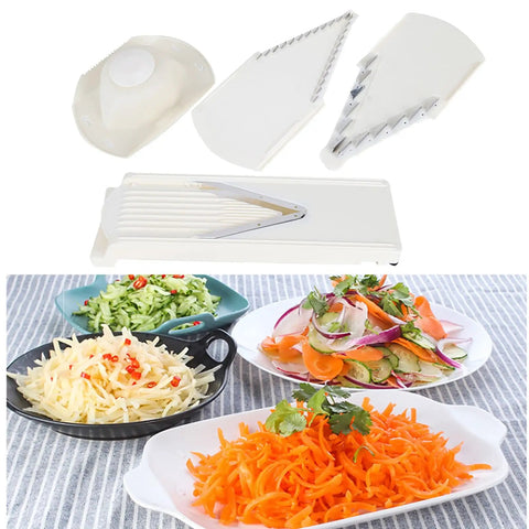 V Shaped Grater For Vegetables And Fruits Large Sturdy Frame With Stainless Steel Blades Multifunction Kitchen Tool For Grating And Slicing Safe Non Slip Base Easy Drawer Storage Game Changing Everyday Kitchen Must Have displayed with grated vegetables and fruits in bowls.