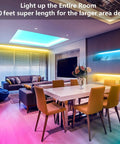 Ultra Long RGB LED Strip Lights 130ft Two Rolls Of 65ft Each With App Control Music Sync And Color Changing Modes showcasing a vibrant living room setup