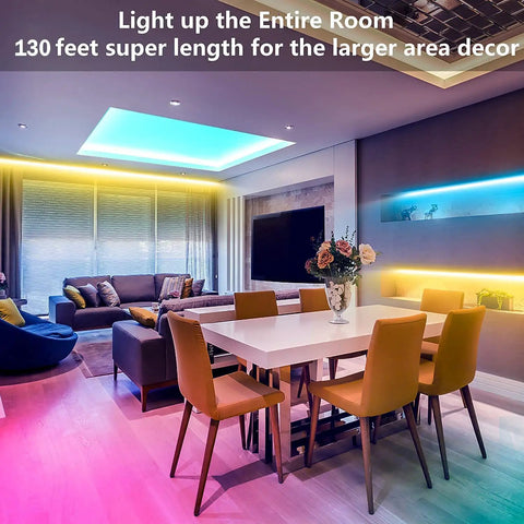 Ultra Long RGB LED Strip Lights 130ft Two Rolls Of 65ft Each With App Control Music Sync And Color Changing Modes showcasing a vibrant living room setup